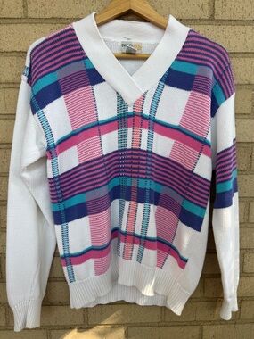 Vintage IZOD Club Cotton Sweater 80s Plaid Colorblock Plaid Pink V Neck Size Med